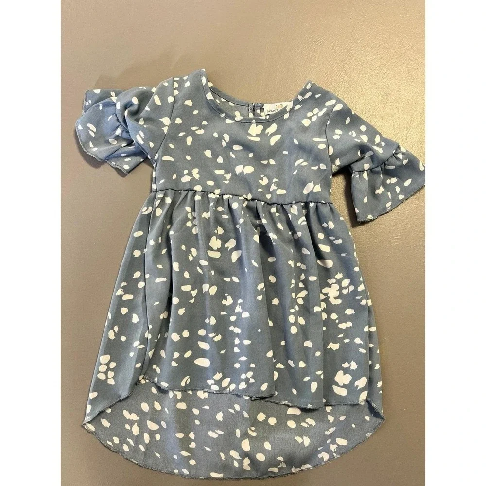 Baileys Blossoms Kids Blue White Abstract Print High Low Bell Sleeve Dress